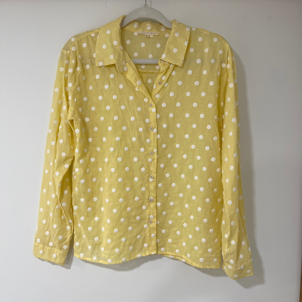 Copper Key Swiss Dot Button Up Shirt Womens Medium Yellow Long Sleeve